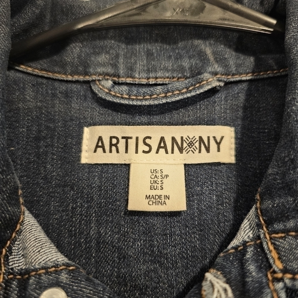 ARTISAN NY Navy Blue Denim Flap Pocket Trucker Cropped Jean Jacket sz S - Picture 6 of 9